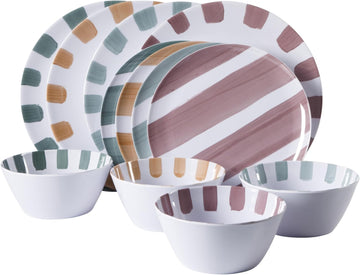 Cottage Stripes 12-Piece Melamine Plates and Bowls Dinnerware Set - Outdoor, Camping, & Everyday Use - Assorted Colors