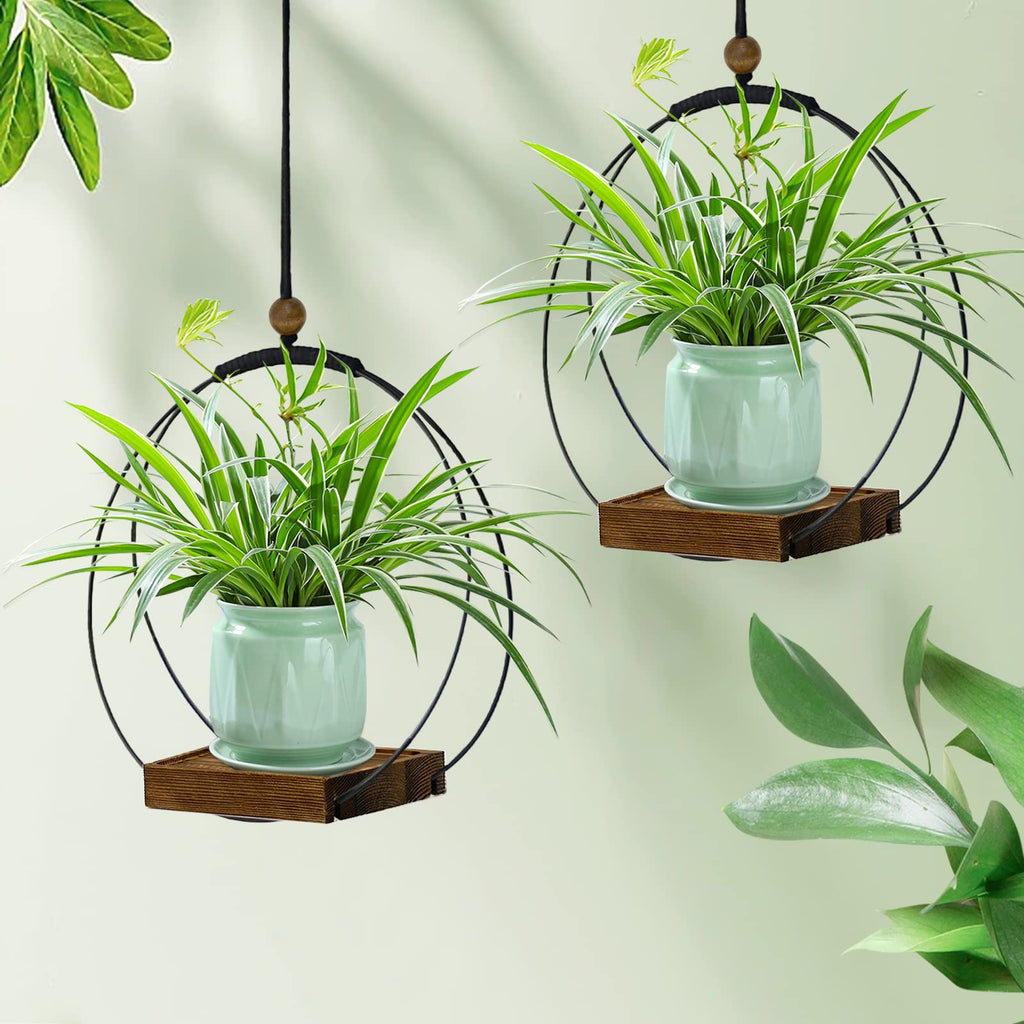 2 Pack Hanging Planter for Indoor Plants, Black Plant Hanger with Sturdy Wood Base, Modern Boho Macrame Hanger, Wall