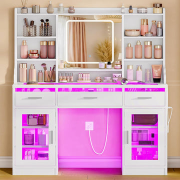 Vanity Desk with Mirror and Lights, 42" Large Makeup Vanity with Glass Top with 3 RGB Drawers, 2 Large Transparent