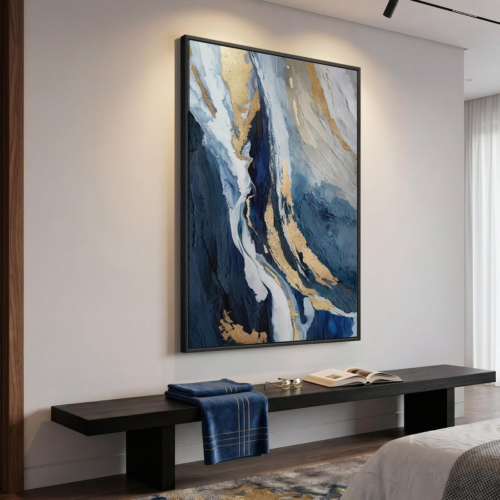 Extra Large Framed Blue Abstract Wall Art , 40x60 In Oversized Blue and Gold Modern Canvas Prints Paintings, Big