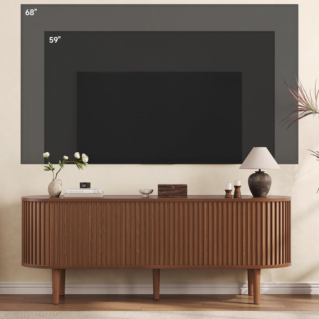 59" TV Stand for 65" TV with Power Outlet, Entertainment Center with Solid Wood Leg, Fluted TV Console with Adjustable Shelf & Sliding Door, Mid-Century Modern TV Stand for Living Room, Walnut