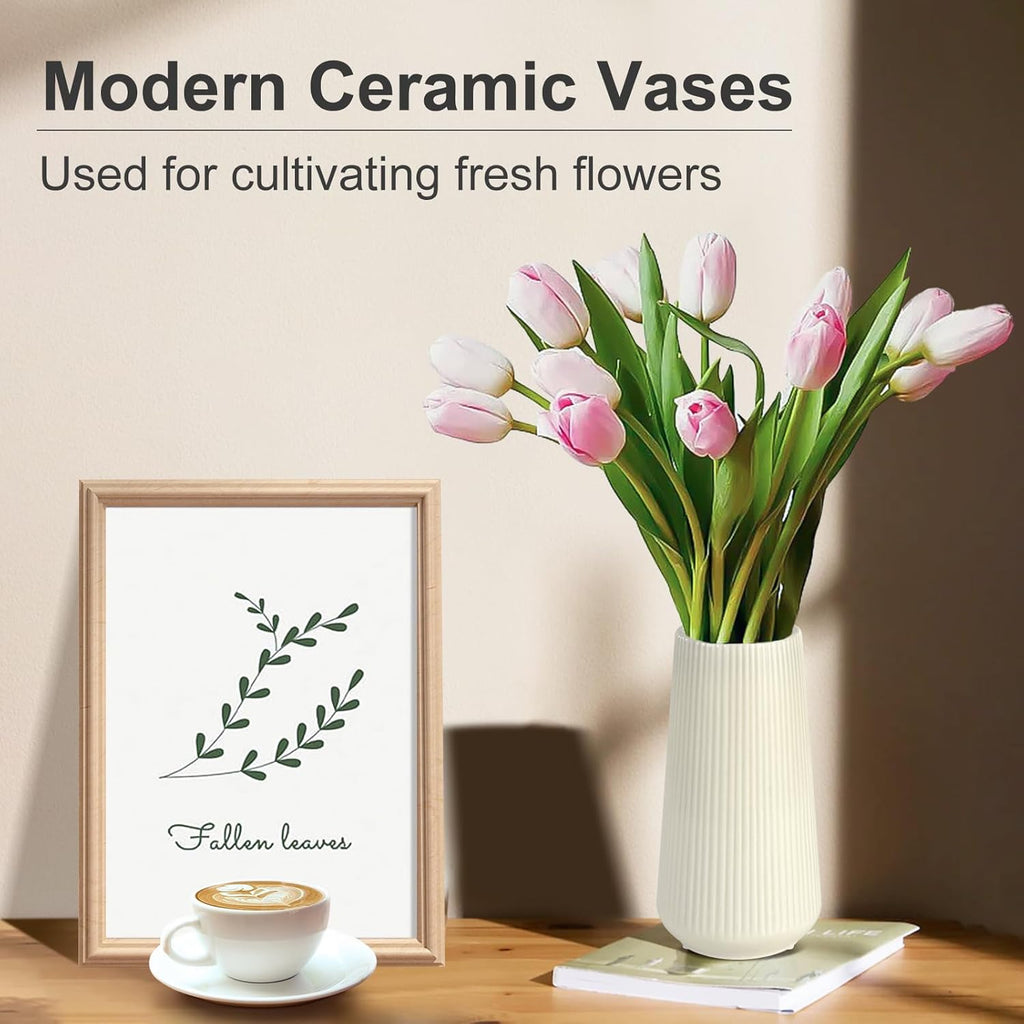 Beige Ceramic Vase, Small Cute Flower Vase for Pampas Grass, Home, Living Room, Dining Table, Farmhouse, Office