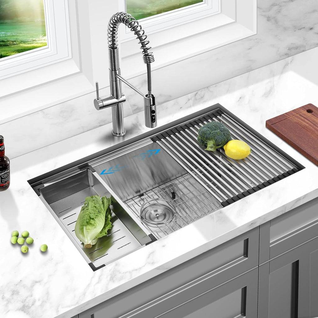 33x19 Workstation Undermount Kitchen Sink Stainless Single Bowl | Rounded Corners 10" Deep Basin, 18G T304