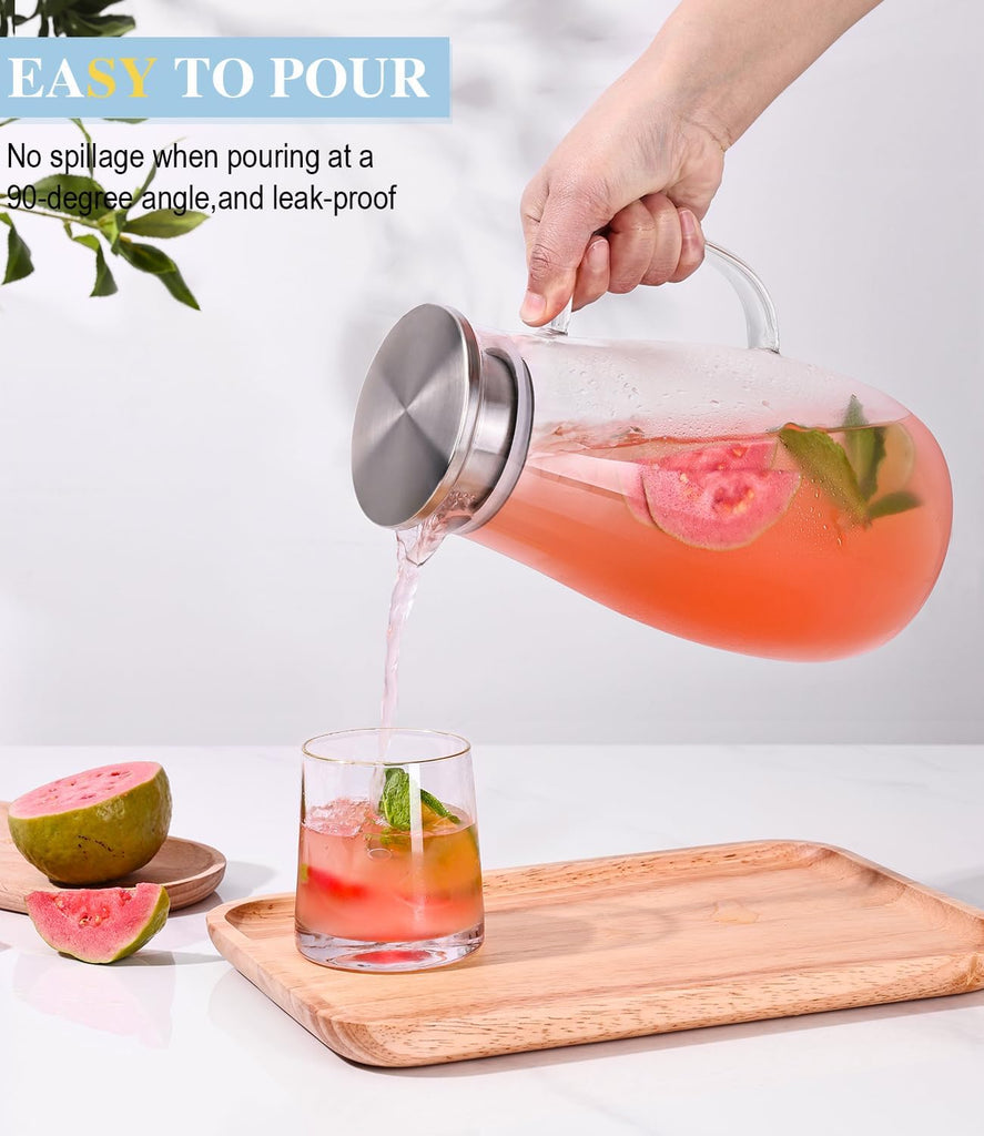 Glass Pitcher with Lid, Water Pitcher for Fridge, 64oz Drink Jug with handle, Borosilicate Glass for Iced Tea, Juice