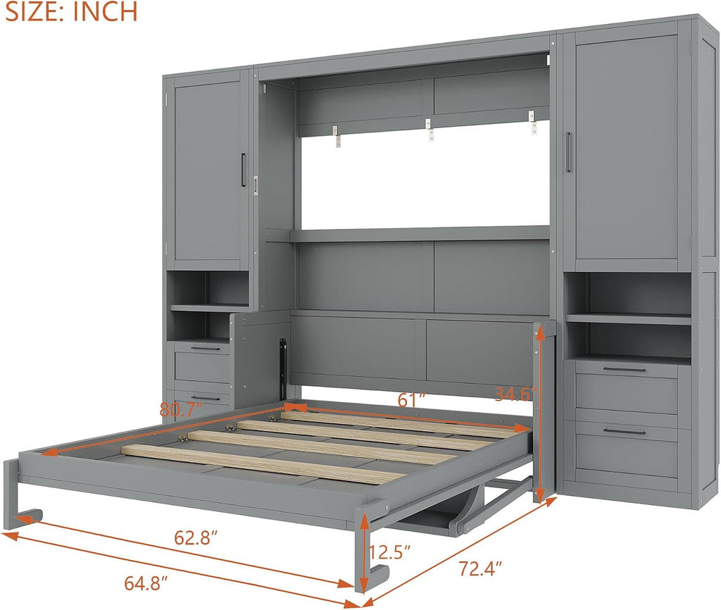 Queen Murphy Bed with Desk, Multifunctional Foldable Wall Bed with Closet, Drawers and Shelves, Space-Saving Wood