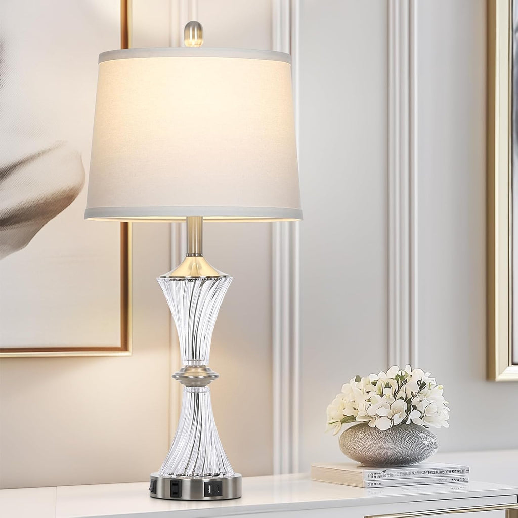 Crystal Glass Table Lamp with USB C+A Ports & AC Outlet,White Clear Modern Bedroom Lamp