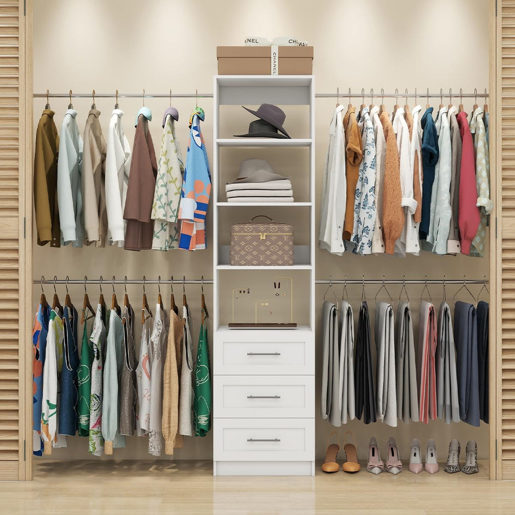 Closet Organizer System with Drawers, Wall Mounted 5FT-9FT White | 3 Wooden Storage Drawers, 4 Expandable Hanging