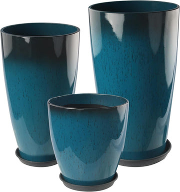 24-21-11 Inch Tall Planters for Outdoor Plants Set of 3 Blue | Tall Planters Blue Glossy Round Planter with Drainage