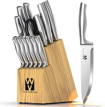 14 Piece Kitchen Knife Block Set, Natural Wood Block, Dishwasher Safe | Razor-Sharp Japanese Stainless Steel Knife