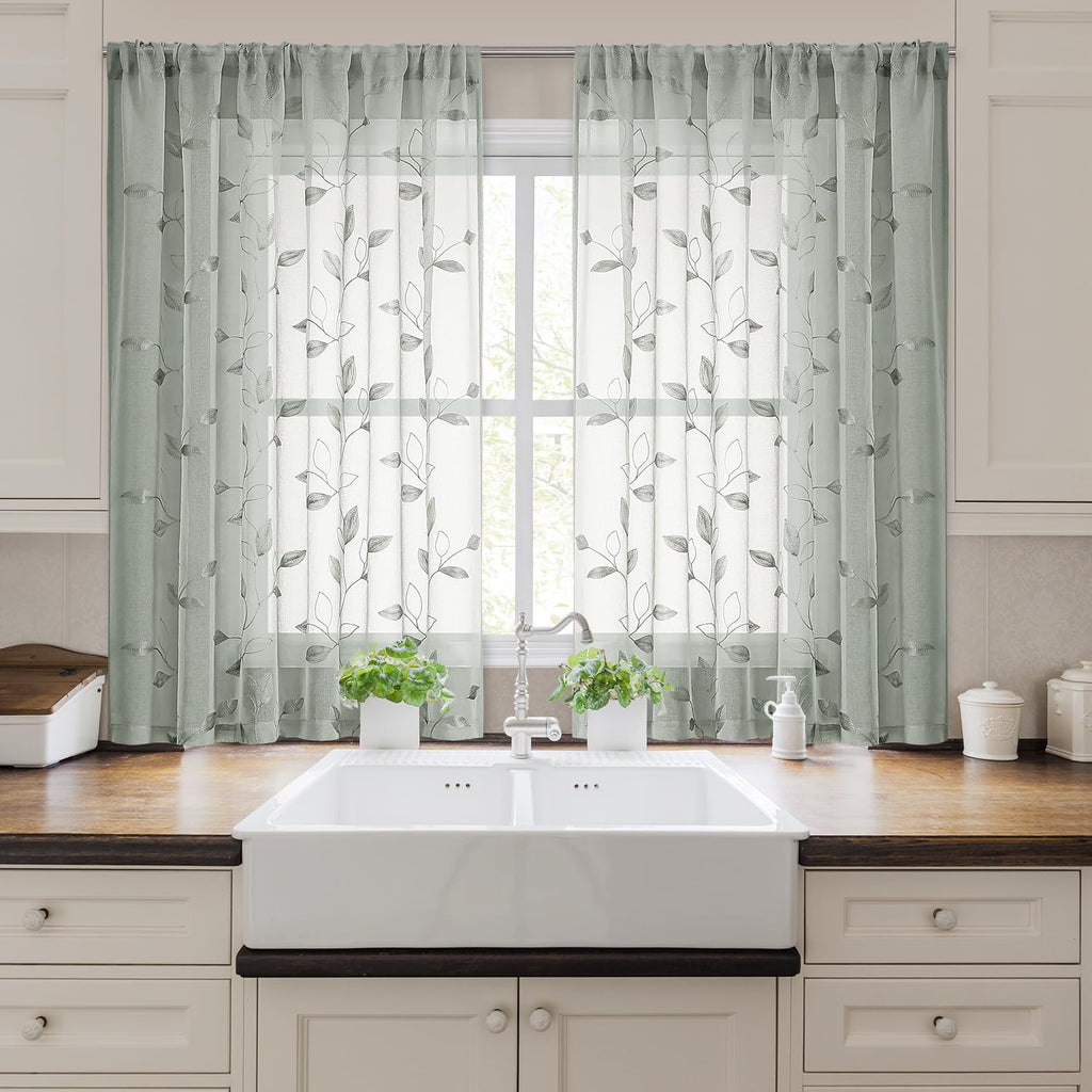 Sage Green Kitchen Curtains Leaf Embroidered, 52x54, 2 Panel