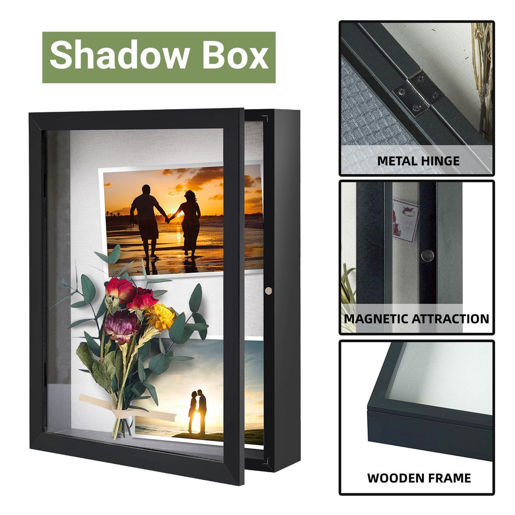 8x10 Shadow Box Wood Picture Frame, 2.16 Deep, Real Glass, Black