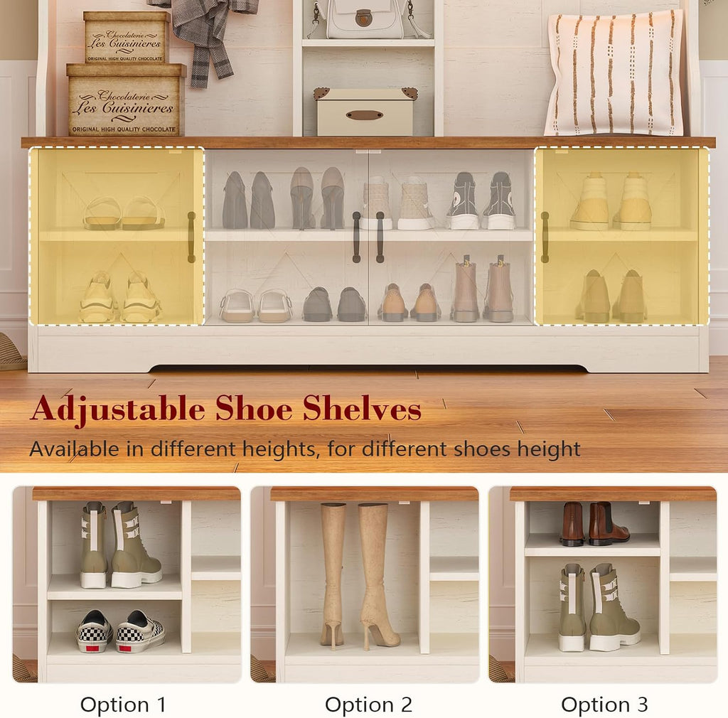 Hall Tree with Bench and Shoe Storage, Farmhouse Entryway Bench with Coat Racks and Led Lights, Large Hall Tree with