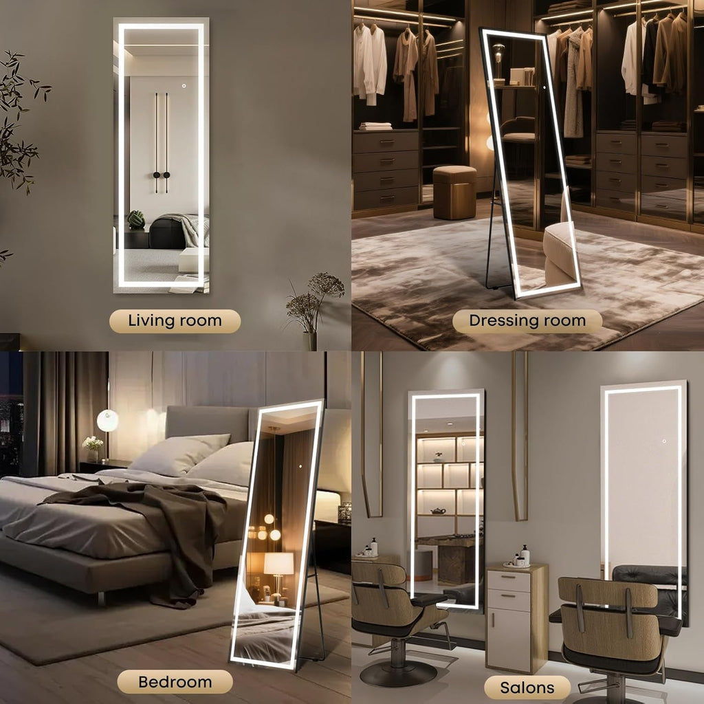64" x 21" Full Length LED Floor Mirror - Big Wall/Standing Mirror with Lights, Dimmable Touch Screen & Adjustable