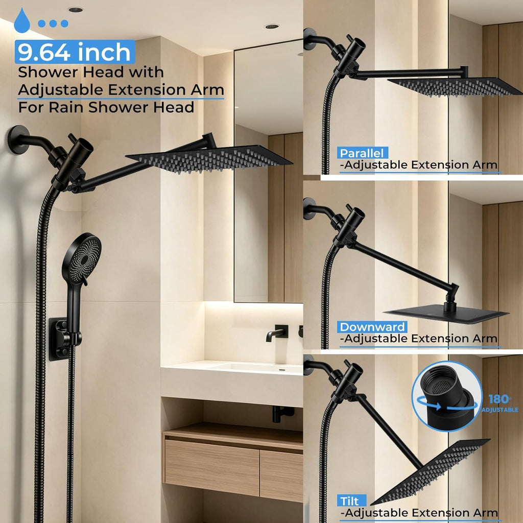 Shower Head, 8 inch Multifunction High Pressure Rain Shower Head with Handheld Spray Combo with 11'' Angle Adjustable