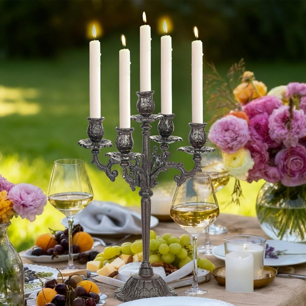 Heavy Duty Cast Iron Candlestick Holders - Handcrafted Vintage Candelabra - 17Inch Tall & 5 Arms Candle Holders