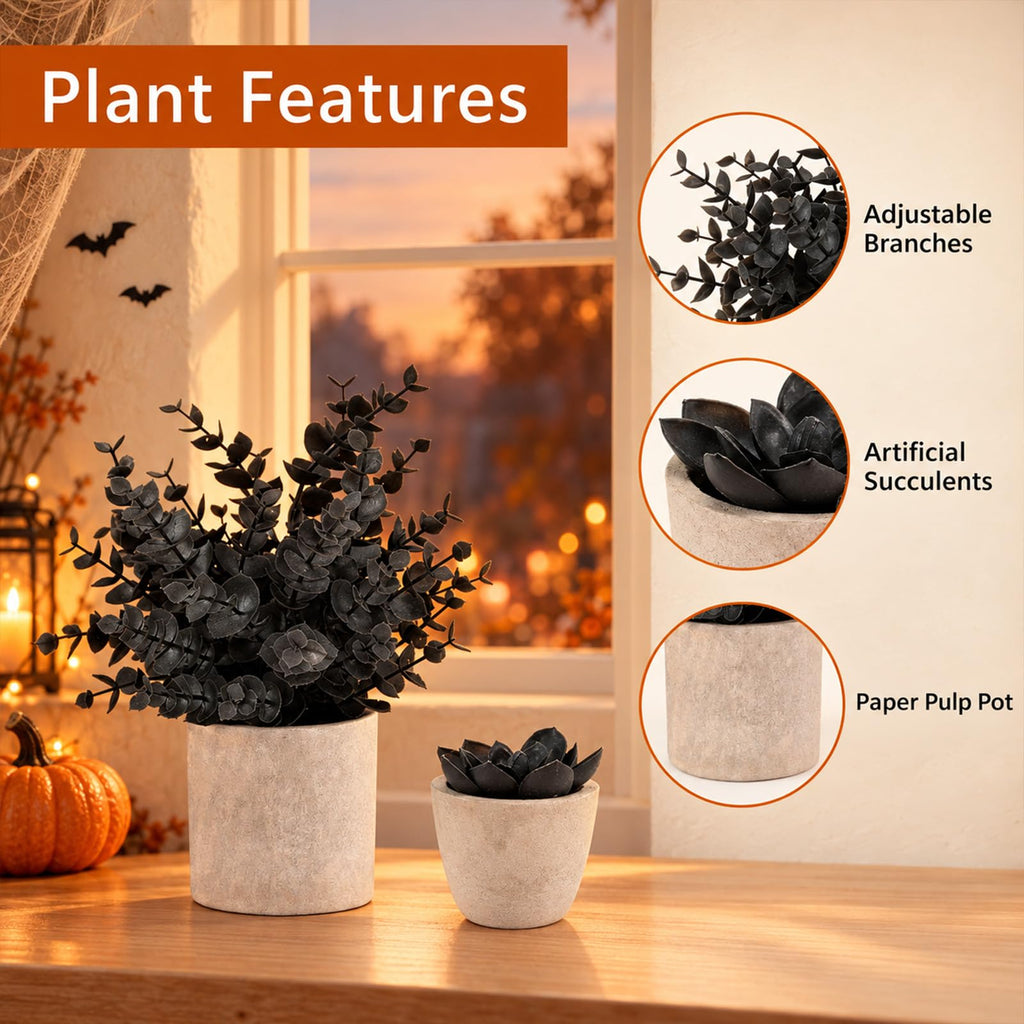 4 Packs Fake Plants Small Artificial Plants Black Eucalyptus Rosemary Succulents Potted Plants, Halloween Gothic Dark