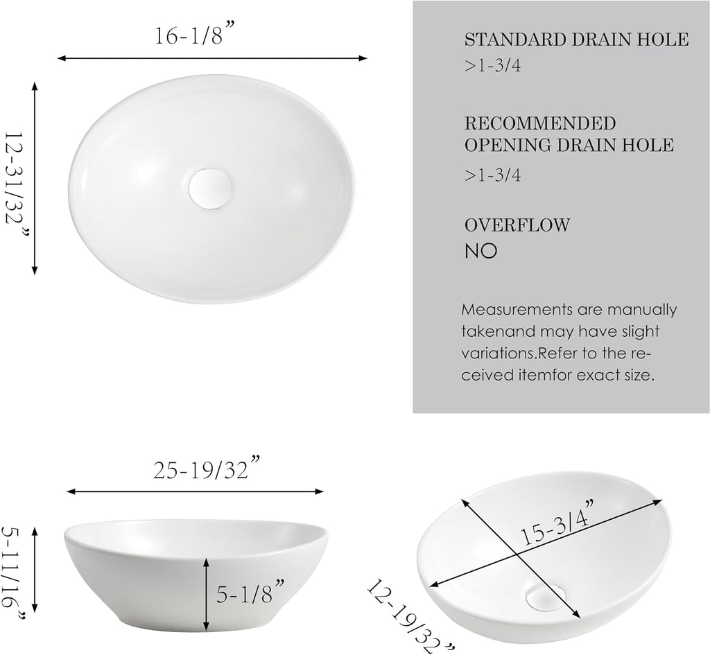 16'' X 13'' Oval Bathroom Vessel Sink,Ceramic Bathroom Sink Bowl
