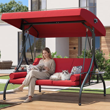 Outdoor Porch Swing with Stand and Canopy, 3 Seats Outdoor Swings for Adults, Convertible 2 in 1 Swing Bed with Cup