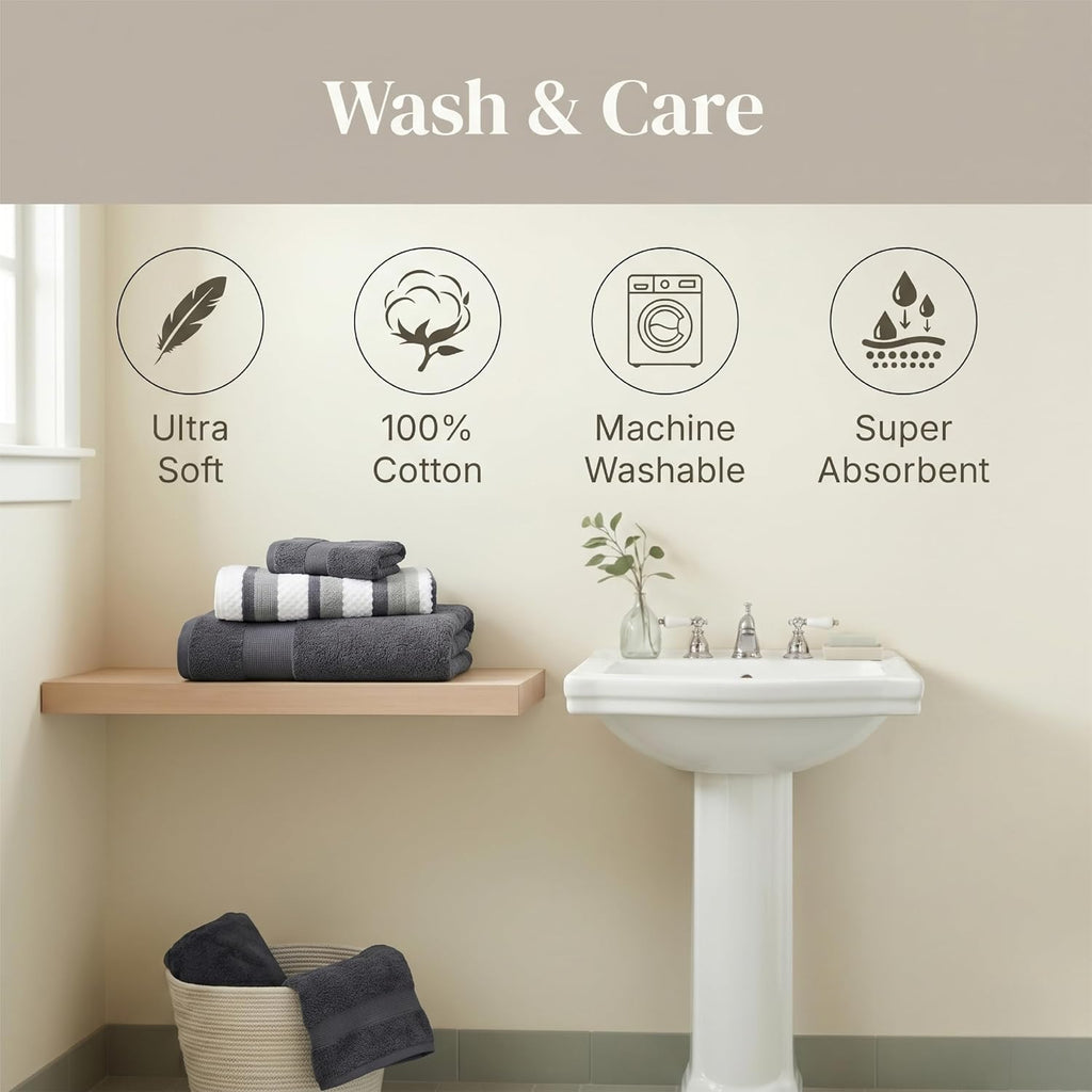 Pax 6-Piece Reversible Yarn Dyed Jacquard Towel Set - Bath Towels, Hand Towels, & Washcloths - Super Absorbent &