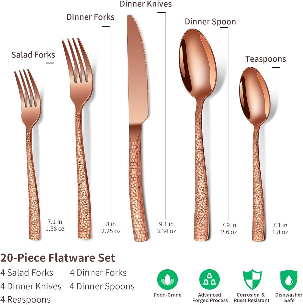 40-Piece Silverware Set, Rose Gold Hammered Stainless Steel Flatware Sets for 8, Food-Grade Tableware Set