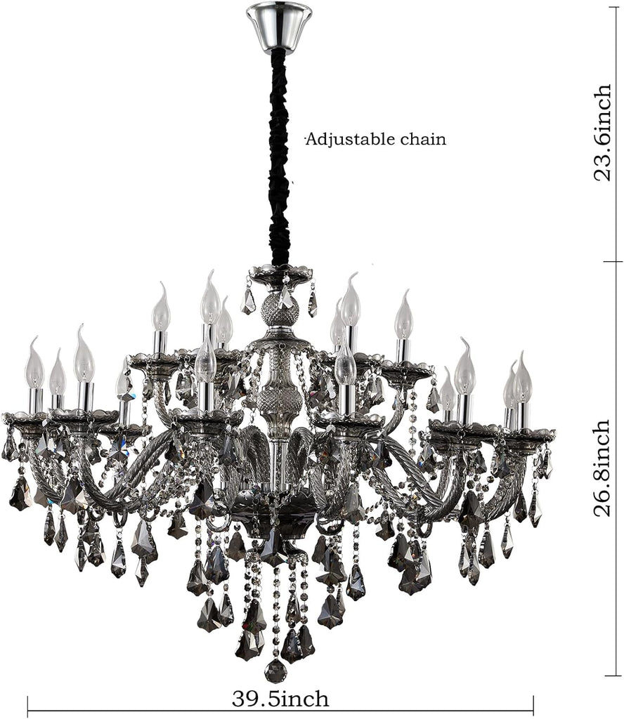Modern Luxury K9 Crystal Chandelier 18 Light Large Smoky Gray Crystal Chandelier Lighting 39.5" E12 Crystal Pendant Light Fixtures for Living Room, Stair,Store (Double Layer 12+6 Lights)