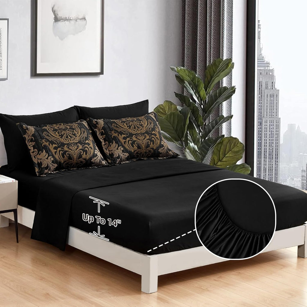 Black Comforter Set, Gold Damask Texture 7 Pieces Bed in a Bag Microfiber Comforter Bedding Sets-1 Comforter