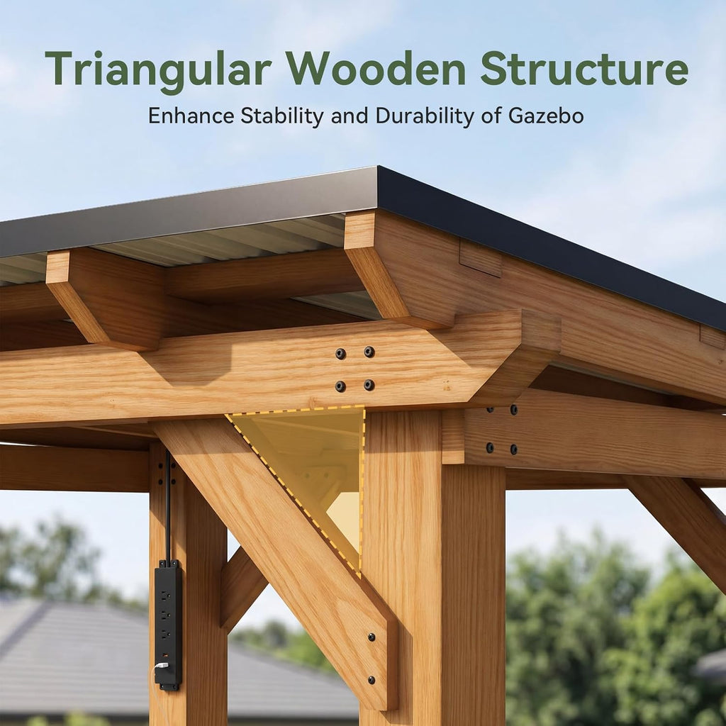 8' x 5' Cedar Wood Grill Gazebo, Hardtop BBQ Gazebo with Weather-Resistant Power Strip and Bar Tops