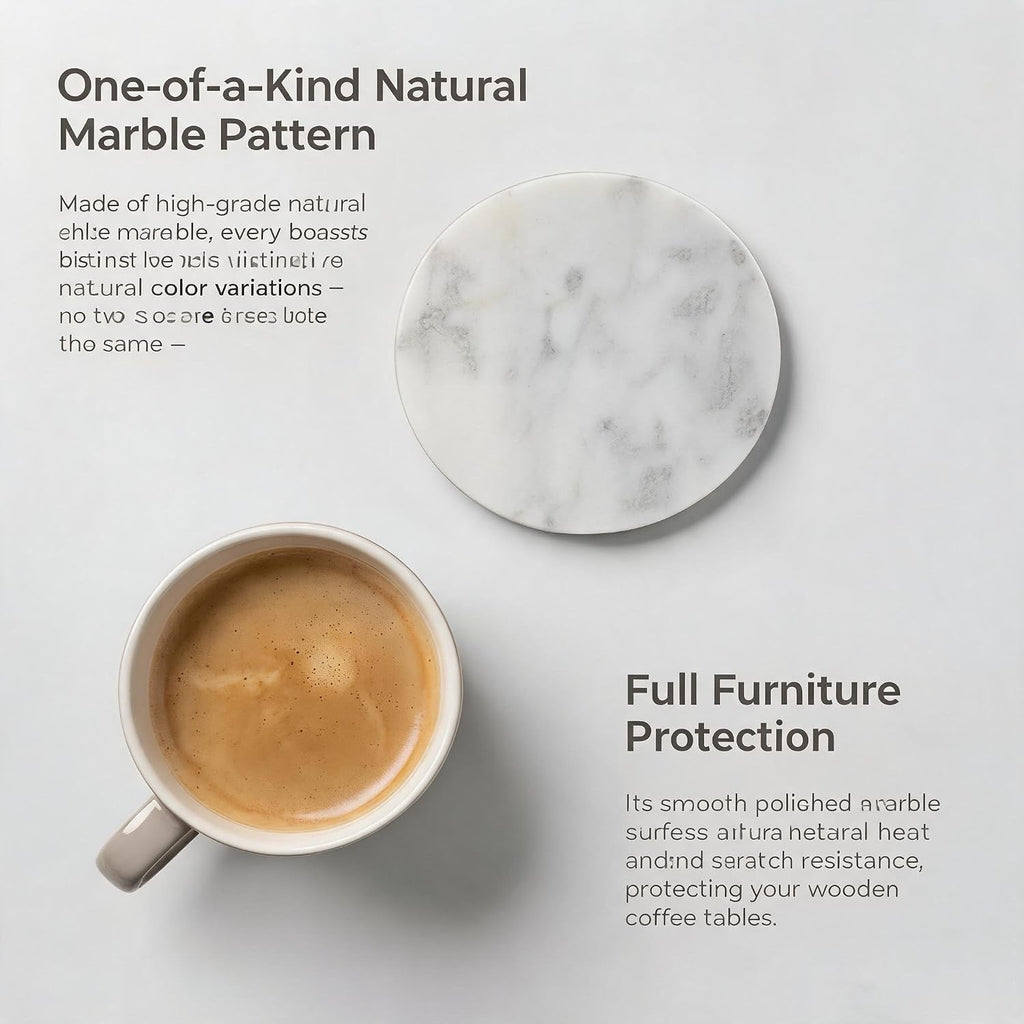 Natural White Marble Coasters 4-Piece Set, Round Coasters, 4 Inches Coffee Table Stone Coasters, Suitable for Coffee