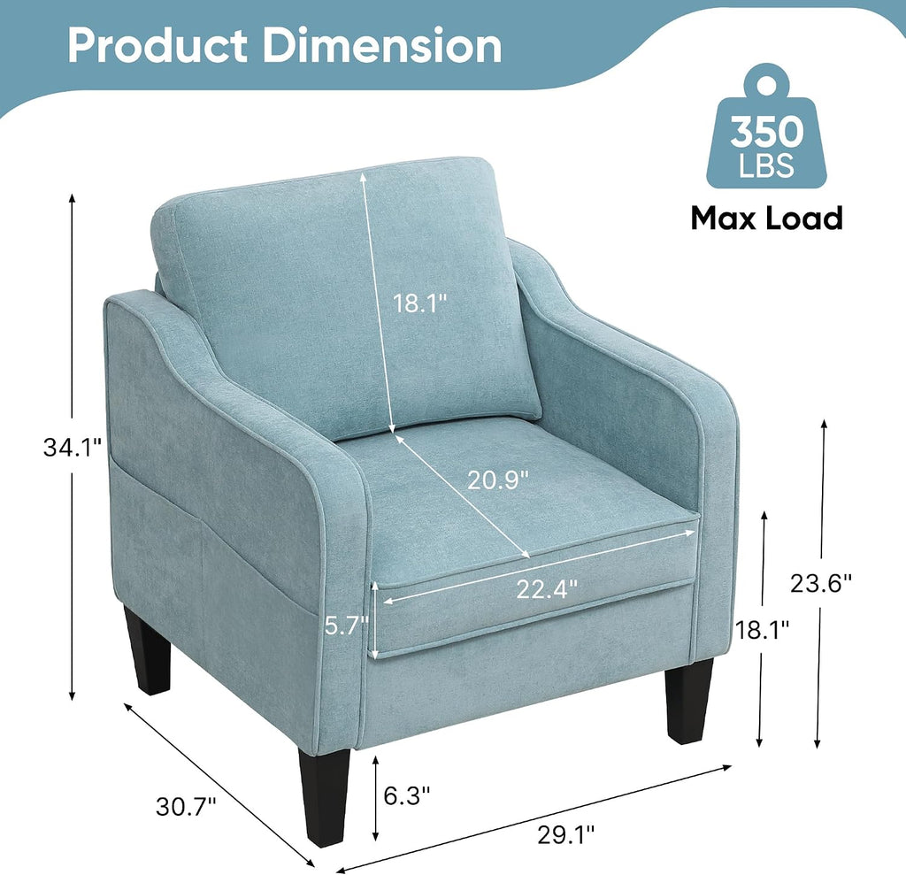 Accent Chair , Mid Century Modern Reading Chair , Upholstered Armchair with Side Pockets, Comfy Single Sofa Side