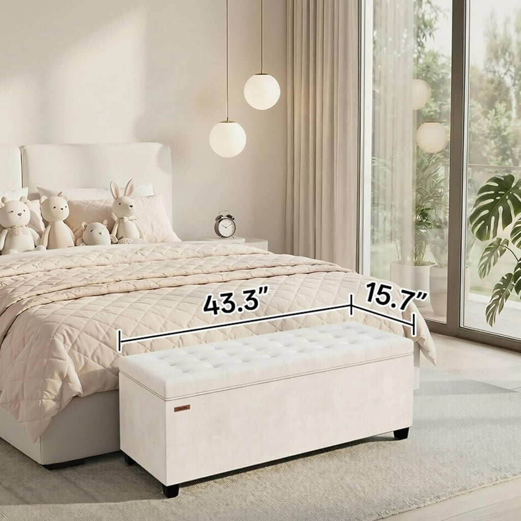 Velvet Storage ottoman bench with legs,43.5"W x 15.7"D x 15.7"H,metal frame end of bed bench hold up to 770 LB,Large
