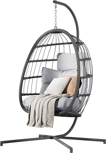 Hanging Egg Chair with Stand, Patio Wicker Egg Swing Chair with Cushion Garden Indoor Outdoor (Grey) | Patio Wicker