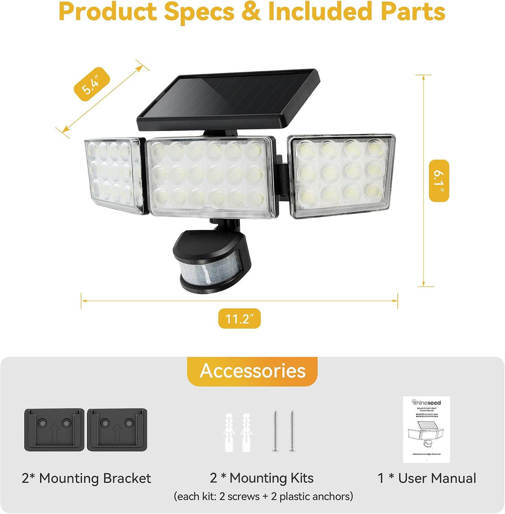 Solar Lights Outdoor, 3500LM 168 LED Motion Sensor Solar Flood Lights, 3 Heads 300° Wide Angle, 3 Modes IP65