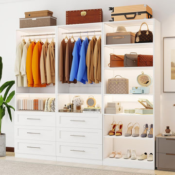 Closet System with 3 Sets, 6FT-15FT Closet Organizer Systems with 6 Wooden Drawers 8 Shelves & 4 Hanging Rods, Walk
