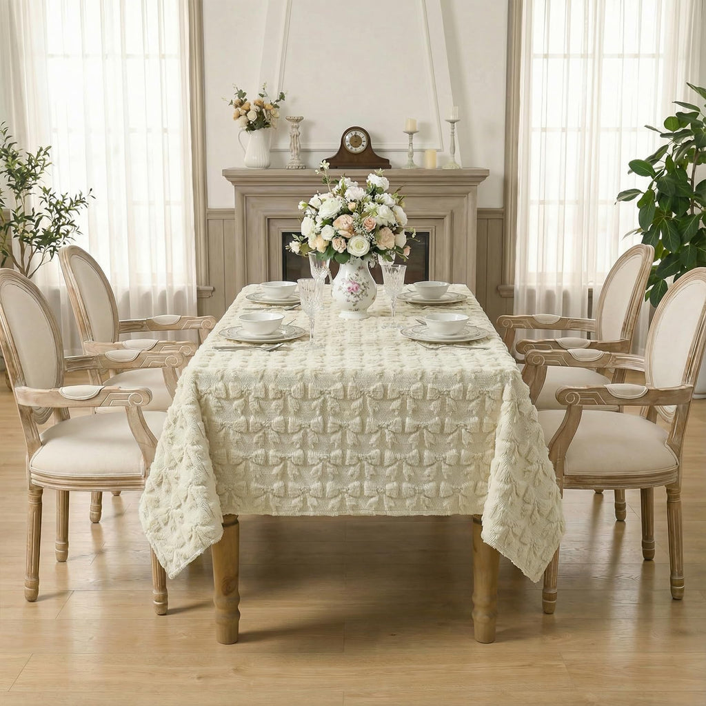 Bow Tablecloth 60×84 Inch Rectangular, Beige Soft Plush Faux Fur Jacquard Bow Table Cover, Seasonal 