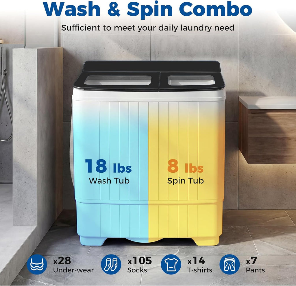 Portable Washing Machine, 26LBS Twin Tub Mini Compact Laundry Washer Spinner Combo with Drain Pump, 18Lbs Washer and 8Lbs Spinner for Apartments, RVs, Dorms, Black+White