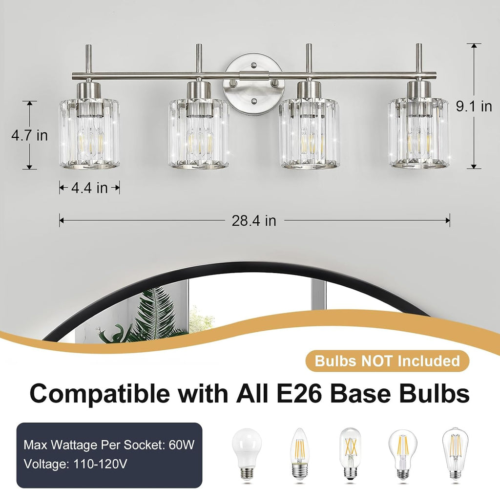 Brushed Nickel Bathroom Light Fixtures, Round, 4-Light | Vanity Lights with Crystal Shades, Modern Bathroom Lighting
