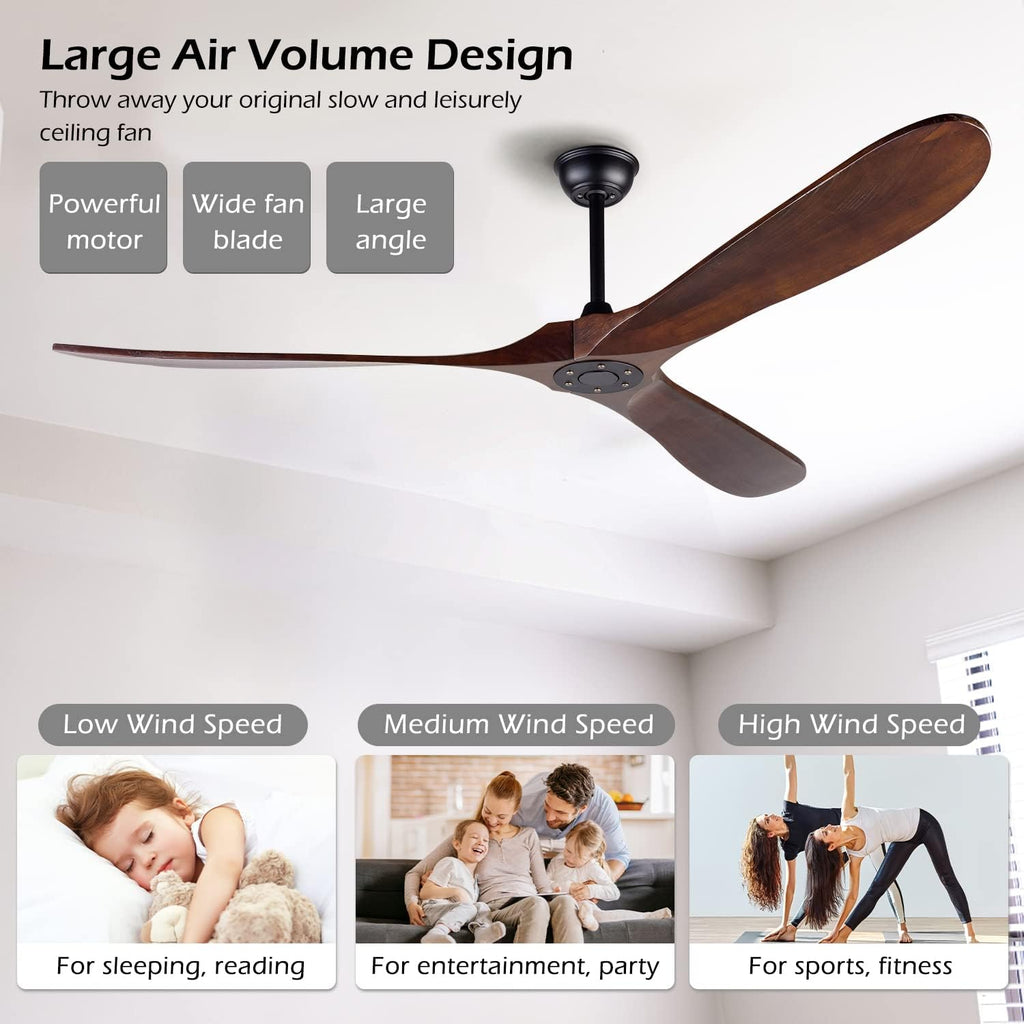 72 Inch Ceiling Fan No Light ，Wood Outdoor Ceiling Fans for Patios Living Room Garage Gazebo Mid Century Modern