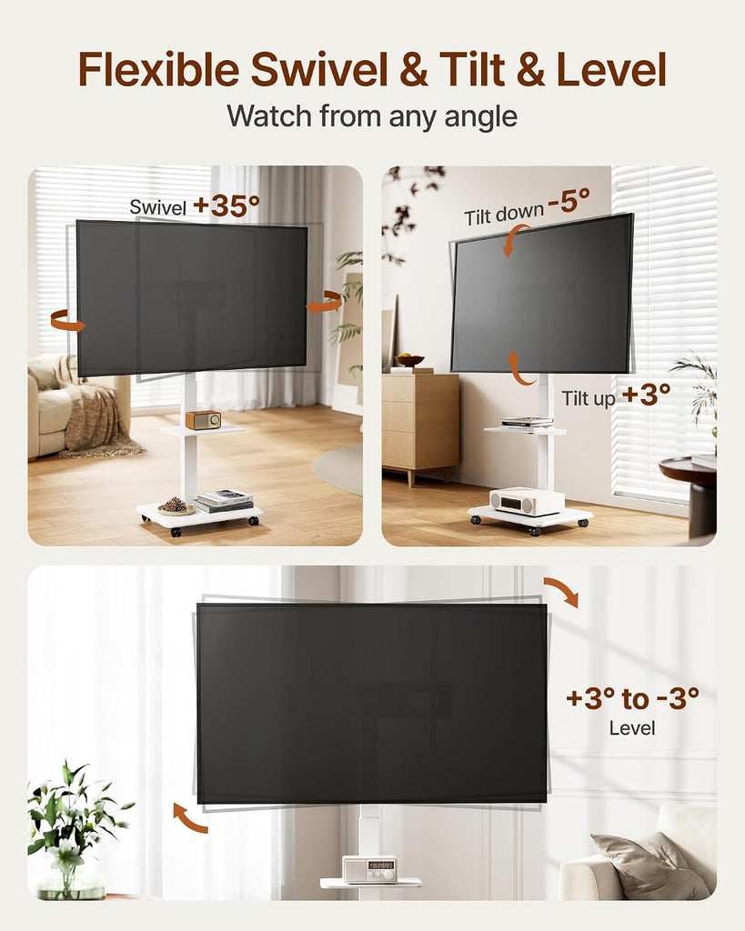 Steel Base Rolling TV Stand for 32-75 inch TVs up to 110 lbs, Leveling & Tilt & Swivel Mobile TV Stand with Hidden