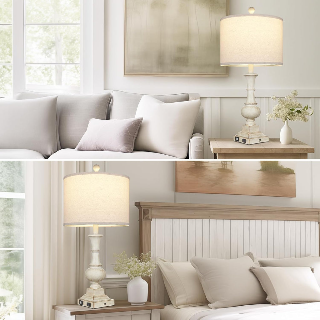 26" Farmhouse Table Lamp, Vintage Rustic Touch Control Bedside Lamp with 2 USB Ports & AC Outlet