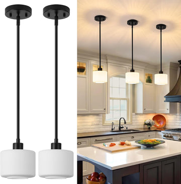Black Pendant Lights Kitchen Island 2 Pack, Modern Milk Glass Hanging Light Fixtures with Rods, Mini Kitchen Pendant