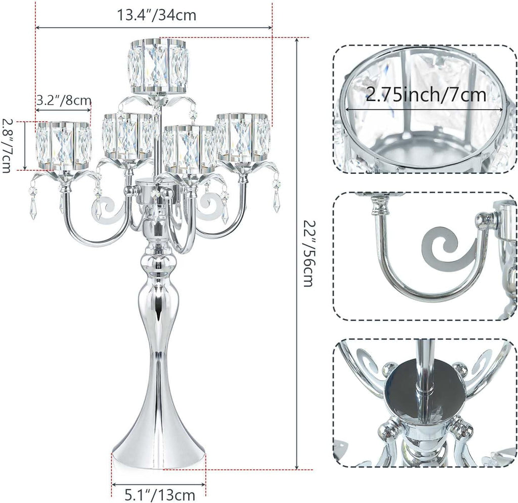 Candelabra Candle Holders, Elegant Bling Centerpiece with Pendant Crystal Table Decorations 5 Arms Candlesticks,22