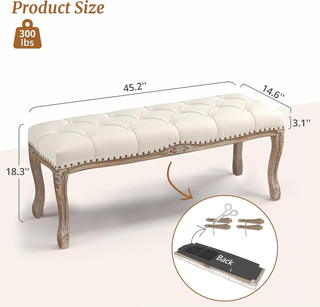 Bedroom Bench, French Vintage Tufted Entryway Bench, 45.2" Carving Upholstered End of Bed Bench with Distressed Wood