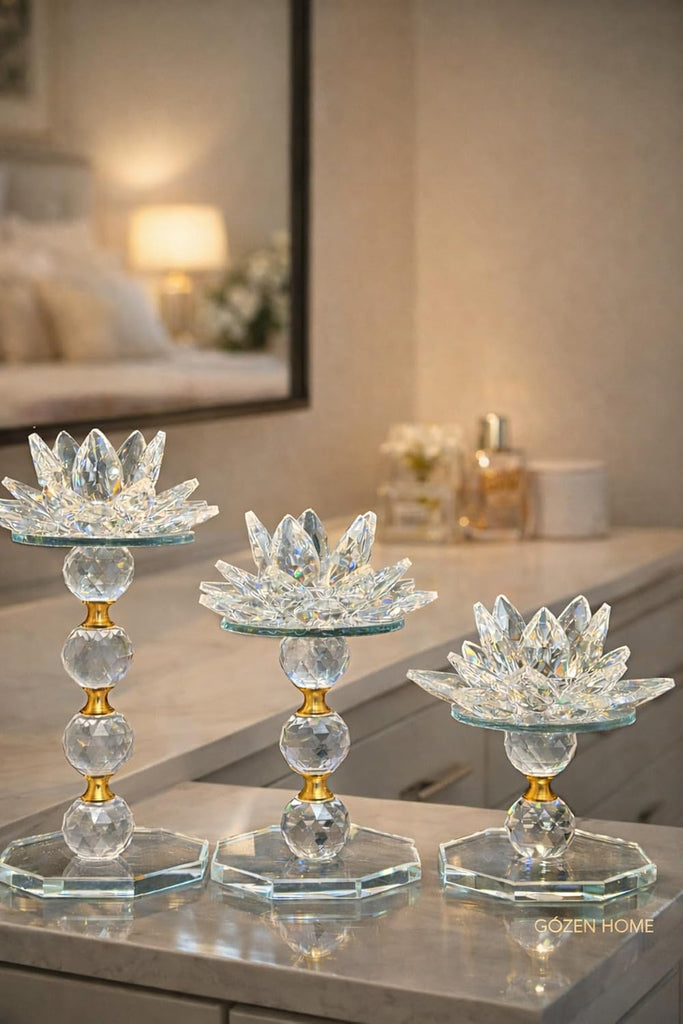 Quality Crystal Lotus Candle Holder Set 3 Piece Gold Detail Decorative Accent piece for Tables and Shelves Refined