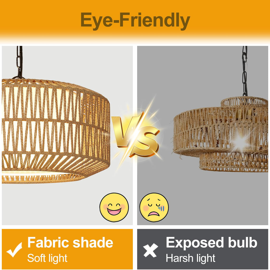 19" Rattan Chandelier, Boho Dining Room Light Fixture
