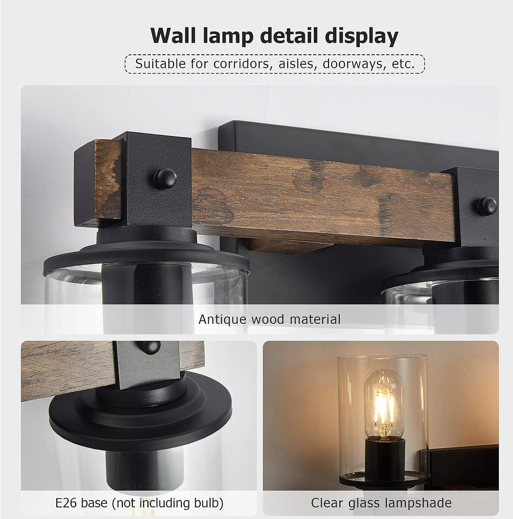 Farmhouse Vanity Light Fixture,3-Light Bathroom Wood Wall Light Over Mirror with Clear Glass Shade, Rustic Vintage
