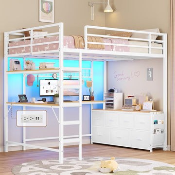 Loft Bed Full with U-Shaped Desk,7 Storage Drawers and Charging Station,Metal Full Loft Bed with Led Lights and 2-tier