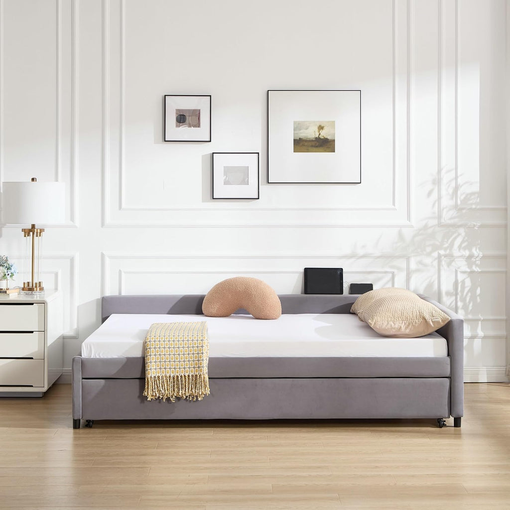 Full Size Daybed with Trundle,Velvet Upholstered Day Bed Frame Full with USB Port and Solid Wood Slat Support,L