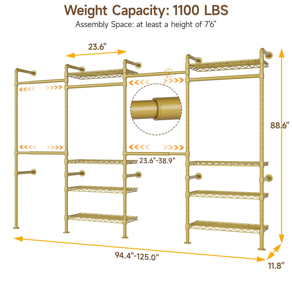 H4 Wall Mounted Closet System, Expandable Industrial Pipe Clothing Rack