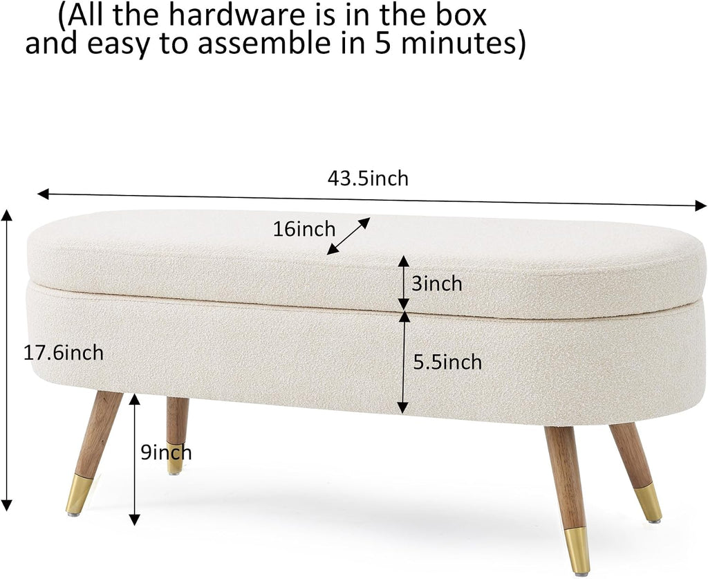 Oval Storage Bench 43.5" Ottoman Bench Upholstered Boucle Fabric Footrest Bench with Golden Metal Legs End of Bed