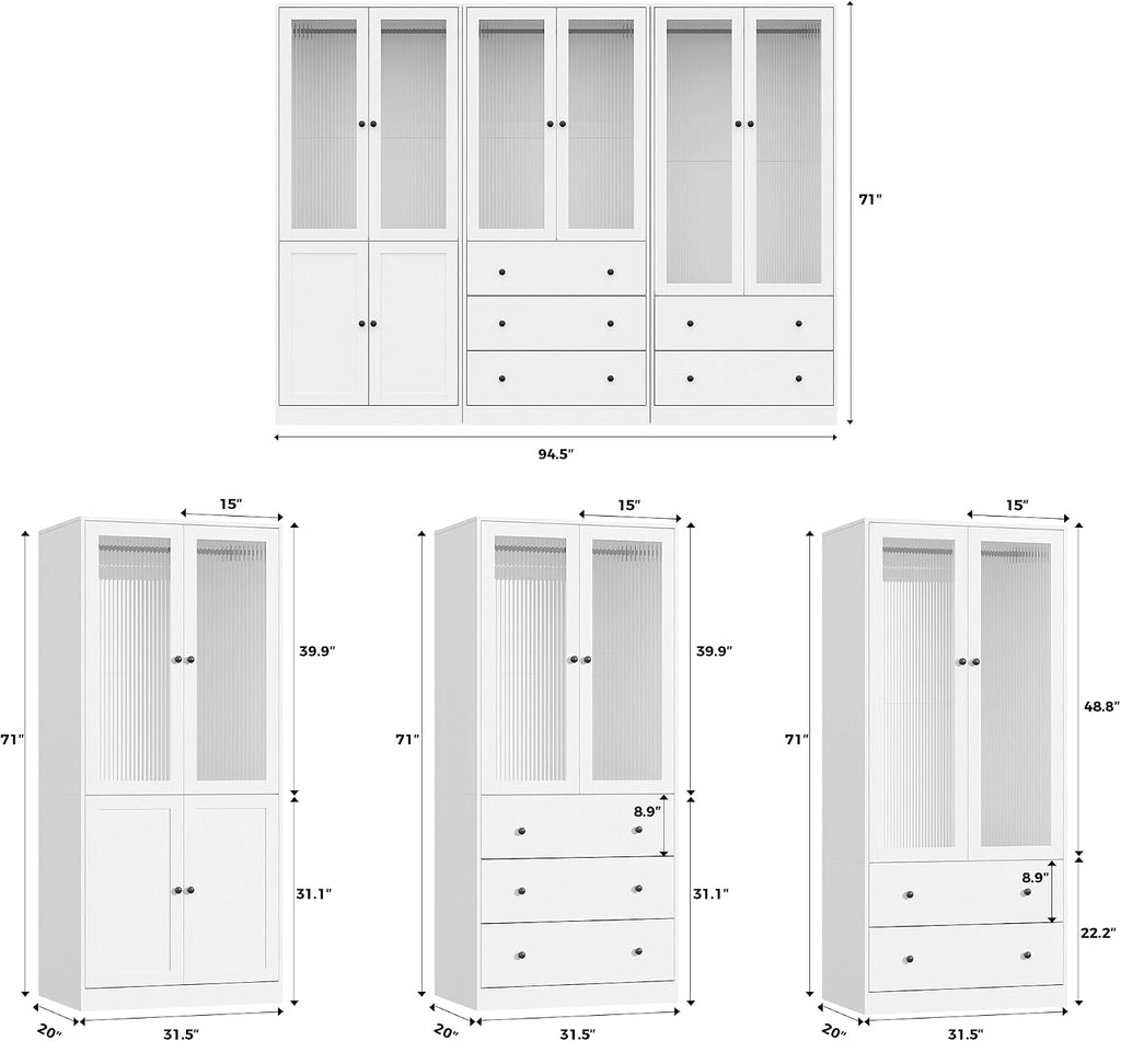 20"D Armoire Wardrobe Closet with Fluted Glass Door, 71" H Clothing Storage Cabinet with 8 Drawers, Hanging Rod, 4